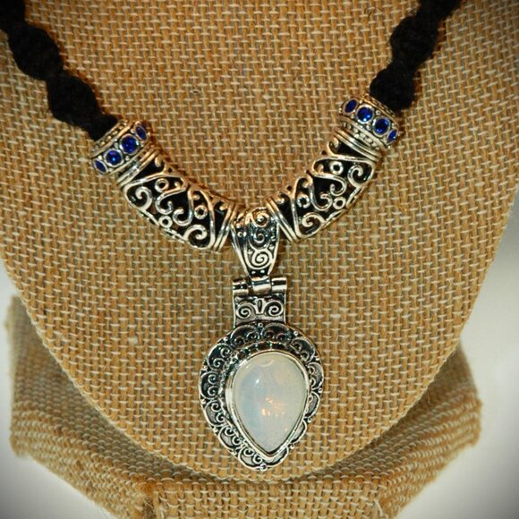 Bohemian Teardrop Moonstone Filigree Pendant on a 22" Handmade Black Hemp Chain - Picture 1 of 6